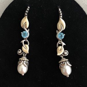 Barbara Bixby Dangle long Aquamarine Pearls Earrings 18K Gold 925 Silver Rare